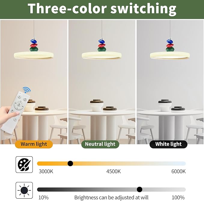 Mikeru Modern Pendant Lights, 23.6" Cream Yellow Pendant Lighting Fixture with Remote Control Dimmable 3 Color Mode & Brightness Mid Century Island Light Fixture for Dining Room,Kitchen,Living Room