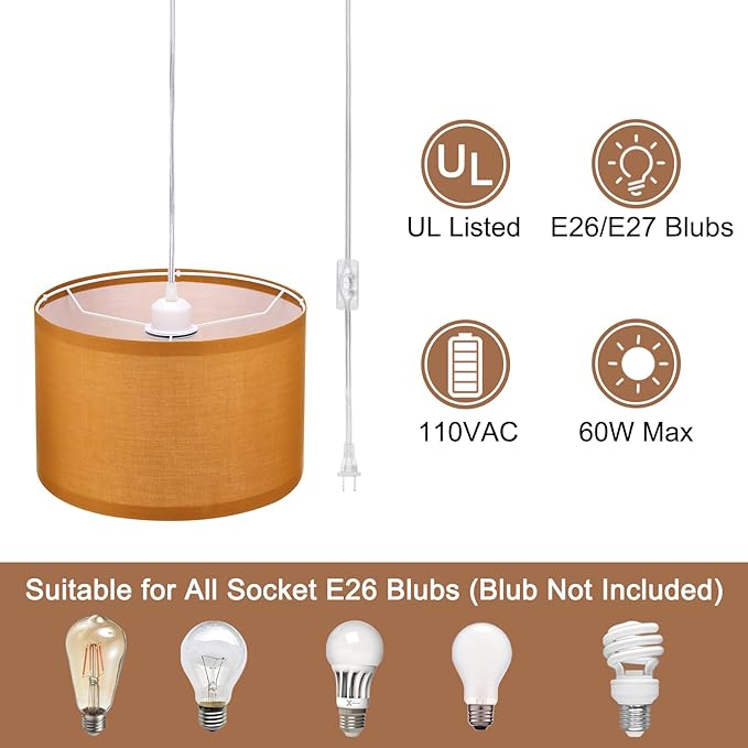 PATIKIL Plug in Pendant Light, 2 Pack 15Ft Rope Cord Hanging Lamp Fixture with ON/Off Switch, Linen Fabric Shade E26/E27 Bulb Socket for Bedroom Kitchen Living Room, Dark Orange