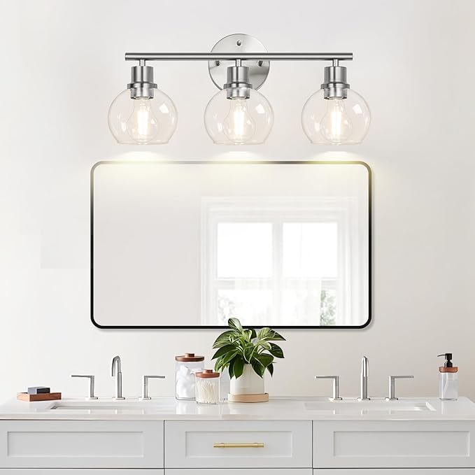Indoi 3-Light Bathroom Light Fixtures, Brushed Nickel Modern Vanity Lights Over Mirror with Clear Glass Globe Shade, Bathroom Wall Sconces for Mirror Kitchen Living Room Hallway Cabinet Bedroom Porch