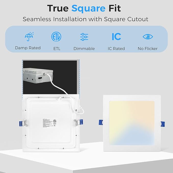 HONZIN 1 Pack 12 Inch Square Recessed Lighting, 5CCT Ultra-Thin LED Downlight, 2700K/3000K/3500K/4000K/5000K Selectable, Dimmable, 24W, IC Rated Canless Ceiling Lights with Junction Box, White Trim