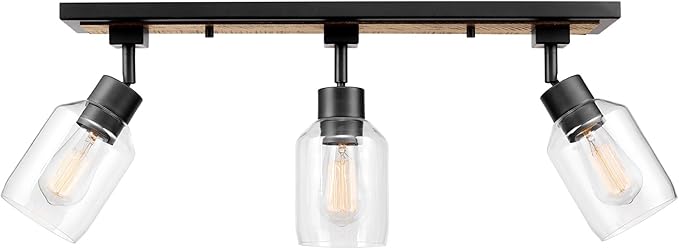 Globe Electric 59798 3-Light Track Lighting, Wood Toned and Matte Black Finish, 25 inch, Clear Glass Shades, Adjustable Heads, E26 Base, Dimmable, Rustic Modern Style