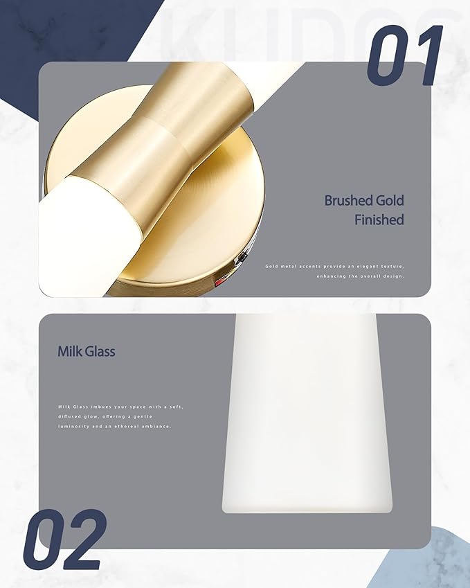 kudos Bathroom Sconces Set of 2,16inches Gold Wall Sconces, Modern Bathroom Light Fixtures with Milk White Glass, Dimmerable 3000K/4000K/5000K for Bedroom Hallway, KDVL13-GD-2PK