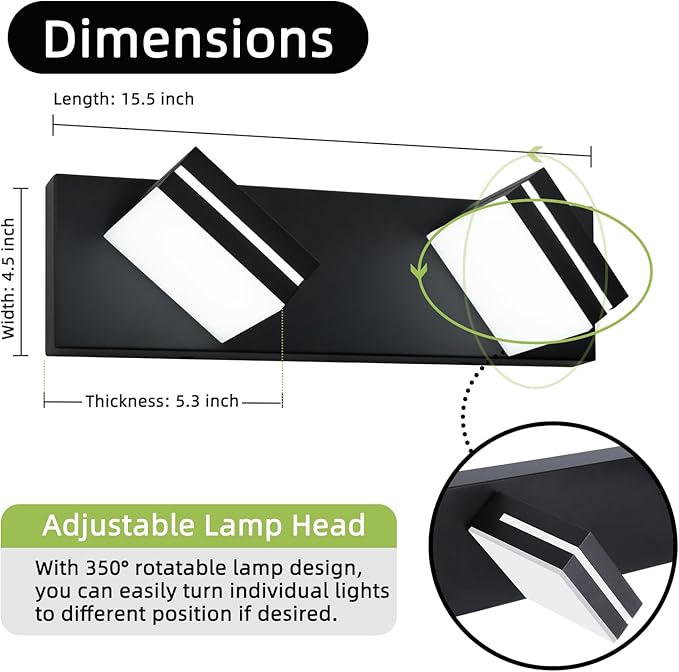 OKELI 2 Light Bathroom Vanity Light Matte Black Modern 16W LED Dimmable Vanity Light Over Mirror 350° Adjustable Lamp Head Cold White 6000K ETL Listed 15.5Inch