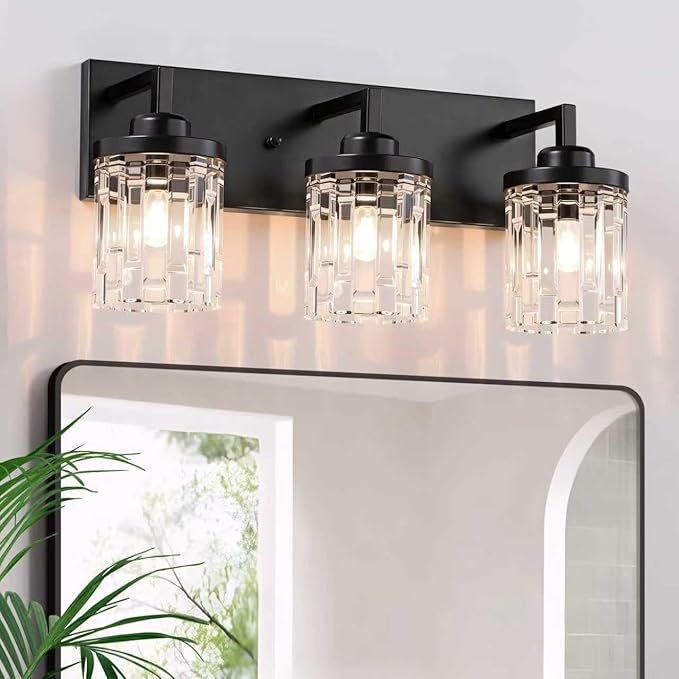 maesta Black Vanity Light, 3 Light Crystal Modern Farmhouse Bathroom Light Fixtures, with Crystal Glass Shade, Rustic Black Bathroom Wall Light Over Mirror for Living Room, Bedroom, Hallway