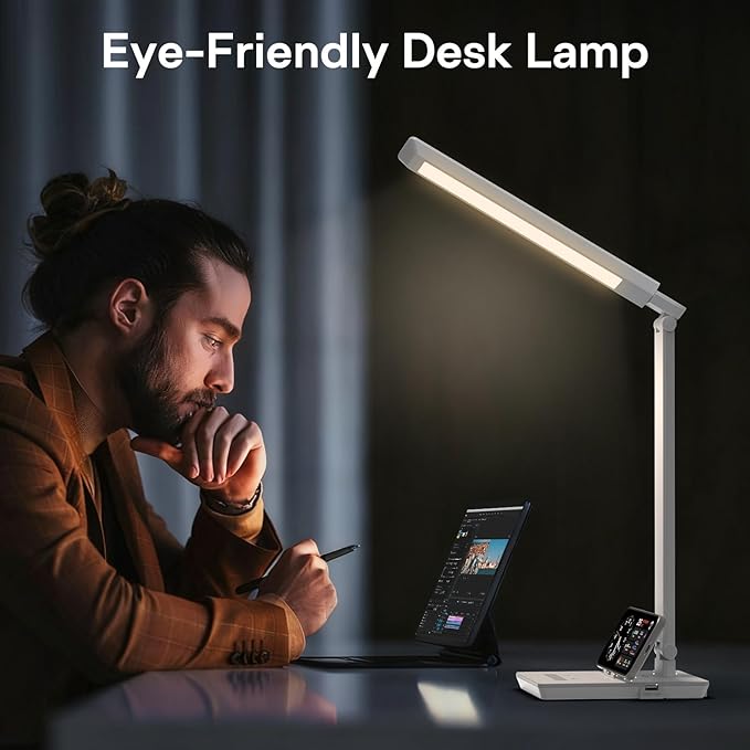 UK Plug Adapter Desk Lamp for 9 Level Brightness Touch Control & 5 Lighting Modes, 14W 900LM Dimmable Eye-Caring Reading LED Desk Light with USB Charging Port, Dimmable Home Office Desk Light