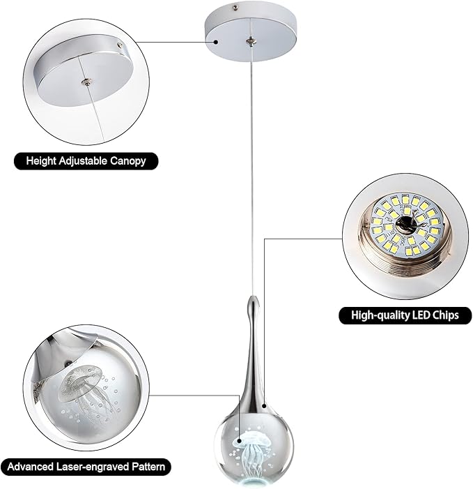 CHYING 3 Pack Mini Modern LED Pendant Lights Kitchen Island, Chrome 5W Crystal Globe Jellyfish Pendant Lighting for Dining Room Bathroom Bedroom Entry Foyer Bar, 6000K Cool White