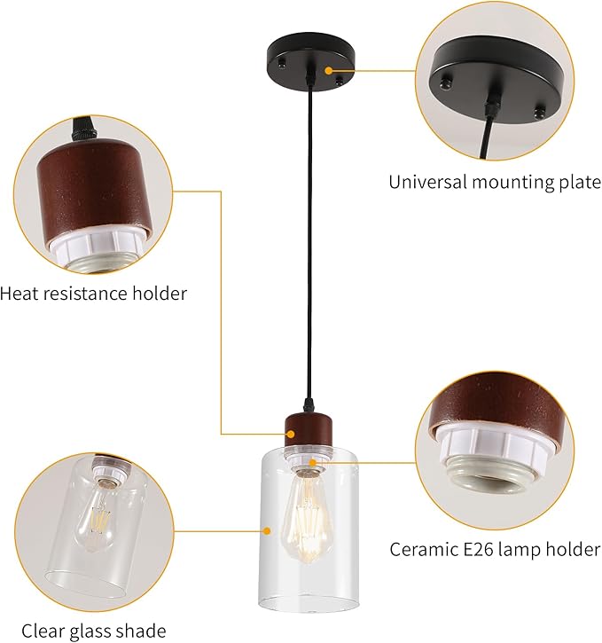 Modern Wood Pendant Lighting for Kitchen Island, Farmhouse Pendant Light Fixtures 2 Pack, Adjustable Hanging Ceiling Light with Clear Glass Shade