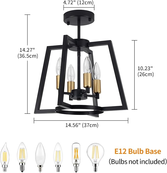 TOULMJ 4-Light Semi Flush Mount Ceiling Light, 14.56" Farmhouse Black Gold Ceiling Light Fixture for Kitchen Island Foyer Hallway Entryway Dining Laundry Room