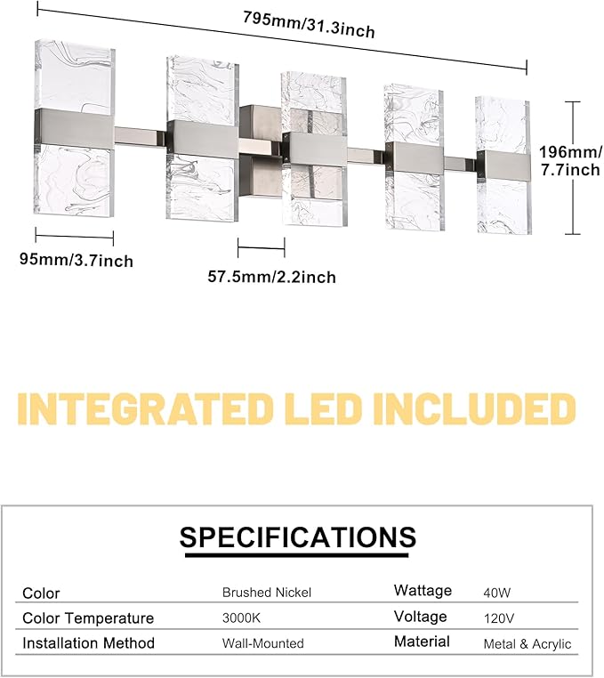 LED 3000K Bathroom Light Fixture in Brushed Nickel, Modern 5-Lights Vanity Lighting with Smoke Acrylic Shades, Wall Lamp Over Mirror for Kitchen Bedroom (Integrated Led Chips Included)