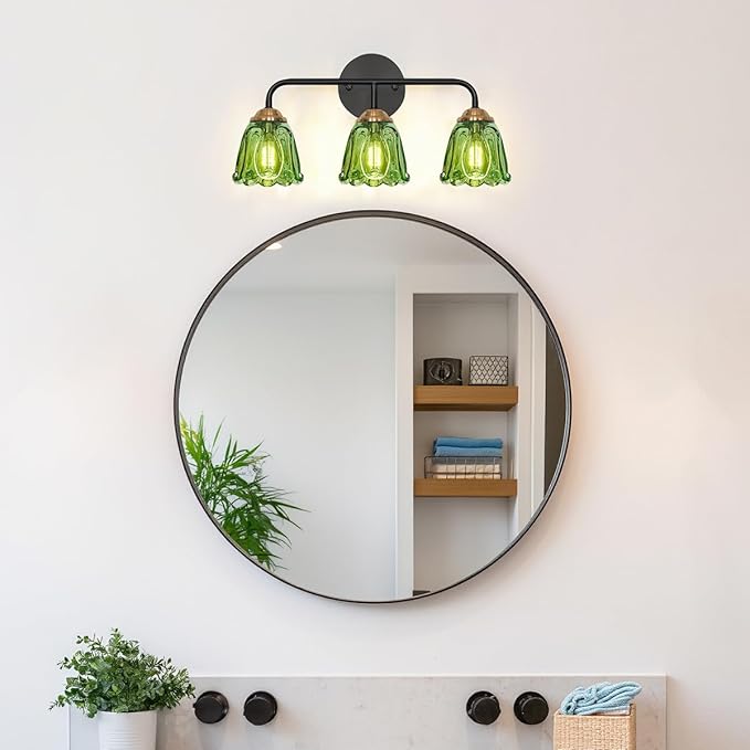 Vintage 3 Light Vanity Light, Black and Gold Bathroom Vanity Light, Bathroom Light Fixtures with Green Glass Shade, Antique Vanity Light Fixtures Over Mirror, Wall Sconce for Bedroom, Living Room