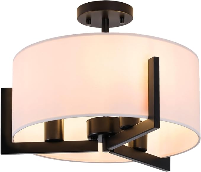 16 inch Semi Flush Mount Ceiling Light: 3-Light Black Modern Light Fixtures Ceiling Mount with Drum Fabric Shade, Close to Ceiling Lamp for Bedroom, Kitchen, Entryway (Bulb Exclude)