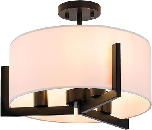 16 inch Semi Flush Mount Ceiling Light: 3-Light Black Modern Light Fixtures Ceiling Mount with Drum Fabric Shade, Close to Ceiling Lamp for Bedroom, Kitchen, Entryway (Bulb Exclude)