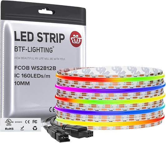 BTF-LIGHTING FCOB COB WS2812B IC RGB LED Strip DC5V 13.1FT Individual Addressable 160LED/m 640LEDs 640IC,UL Listed,Dream Color IP30 High Density Light 10mm Width for Decor(No Adapter or Controller)