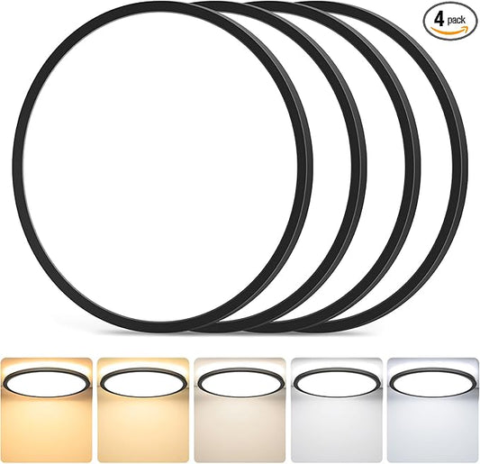 4-Pack LED Flush Mount Ceiling Light Fixture, 12In 24W, 3200LM, Super Slim 0.86 Inch, Dimmable & 2700K-6500K 5 Color Selectable LED Ceiling Lights for Bedroom, Kitchen, Laundry and Closet Room, Black