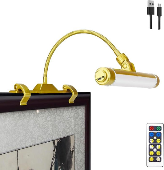 LUXSWAY Wireless Picture Frame Led Lighting,Rechargeable Art Display Lighting Clip on Pictures,Over Painting Lights with Remote,Artwork Lamp with Flexible Neck,28 LEDs 3 Lighting Modes 200LM-Gold