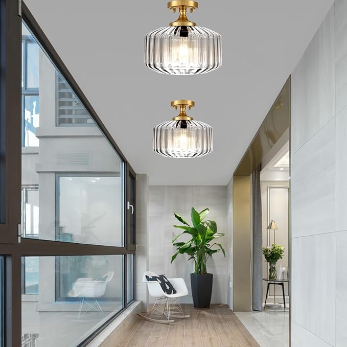 Glass Globe Ceiling Light 2 Pack Dining Room Light Fixture 1-Light Ceiling Lamp Clear Striped Glass Shade Semi Flush Mount Ceiling Light Fixture Farmhouse for Hallway, Kitchen, Entryway