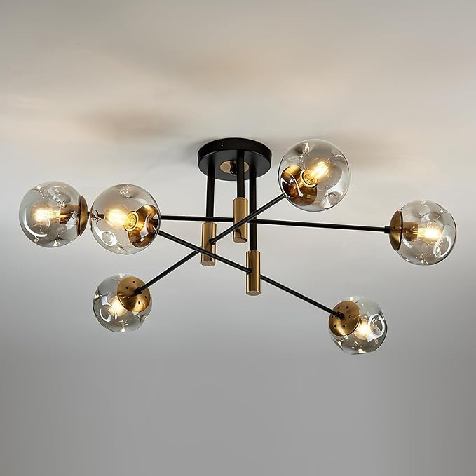 6-Light Glass Globe Sputnik Light Fixture Modern Matte Black and Gold Chandelier Semi Flush Mount Ceiling lamp for Living Room Kitchen Dining Room Farmhouse Bedroom