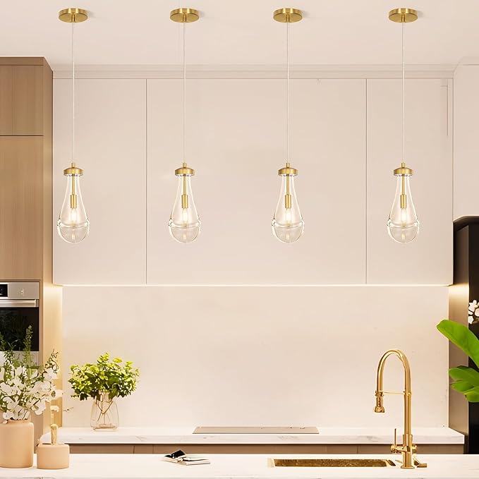 Raindrop Pendant Light Set of 2, Gold 4.7in Clear Glass Teardrop Pendant Lights for Kitchen, Modern Pendant Lights Kitchen Island for Dining Room, Bathroom, Hallway, Adjustable Cord, Bulb Included