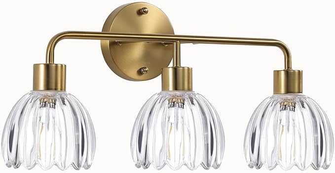 3-Light Gold Brass Bathroom Light Fixture with Clear Tulip Glass Shade,Wall Sconces,Vintage Vanlity Light Over Mirror,Bathroom Wall Light,E26 Socket(Bulbs Not Included)