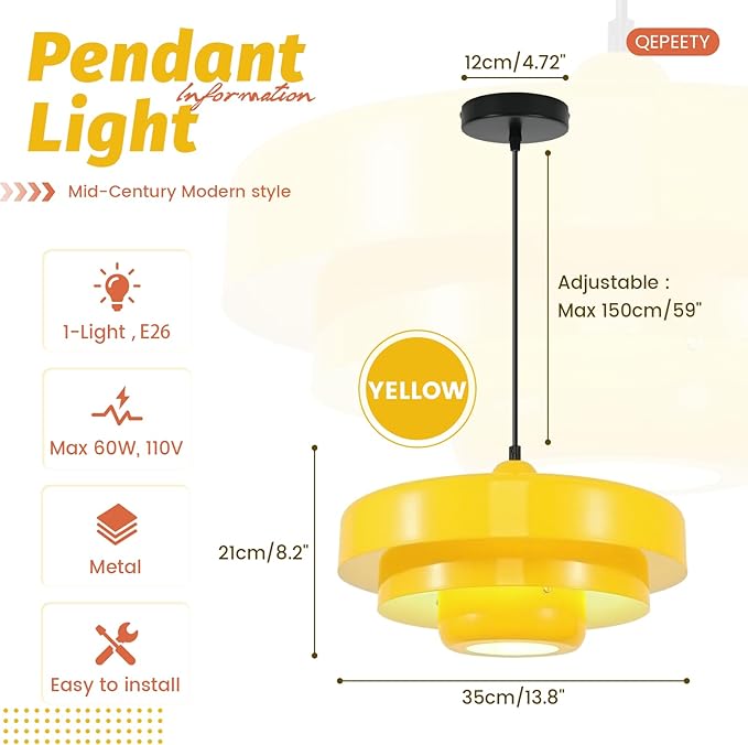 Mid Century Yellow Flush Mount Pendant Light, 3-Layer Metal Industrial Chandelier for Kitchen Island, Dining Room, Foyer, Retro Vintage Ceiling Light Fixture