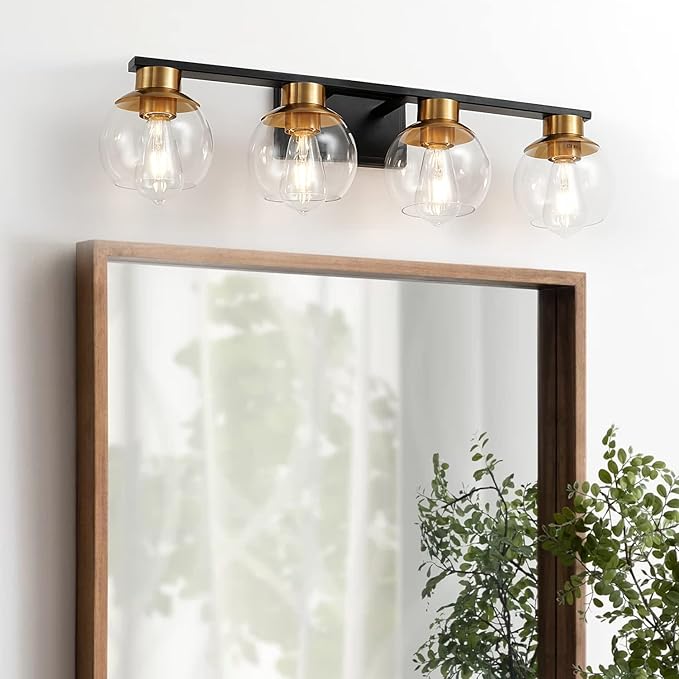 PAZALA Black Gold Bathroom Light Fixtures Over Mirror 4-Lights Vanity Light Wall Sconce with Globe Glass Shade, E26 Base, Perfect for Hallway Picture Wall Lighting Bathroom Bedroom Mirror Living Room