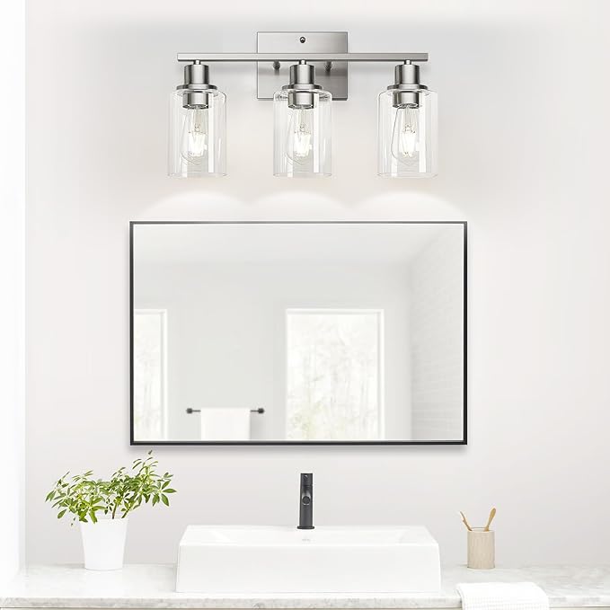 MOKATNG 3-Light Bathroom Light Fixtures, Vanity Light with Clear Glass Shades, Brushed Nickel Bathroom Light Fixtures Over Mirror, Modern Bathroom Wall Lamp for Mirror Living Room Cabinet Bedroom