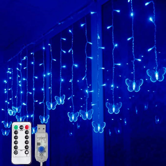Lainin String Lights 11.5FT 96 LED Curtain Lights 18 Butterfly Drops Twinkle Lights 8 Modes Fairy String Lights for Party Indoor Outdoor Room Garden Wall Wedding Christmas Xmas Decorations (Blue)