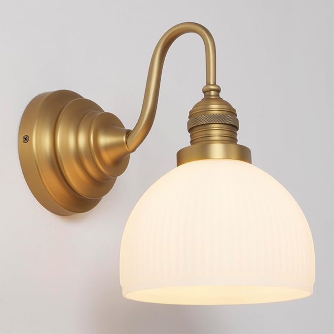 Gold Wall Sconces,Hardwire Bathroom Vanity Light with Striped Bowl Milk Glass Vintage Brass Wall Mounted Lamp Lights for Bathroom Mirror Living Room Bedroom Kitchen E26 Indoor