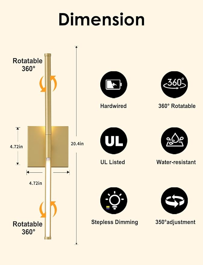 KARTOOSH 20.4 Inch Hardwired Wall Sconces Set of Two, 3000K Warm White Dimmable Modern Wall Sconces, 350° Rotate LED Light Fixtures Wall Lamp for Bathroom Living Room Bedroom Bedside, Gold