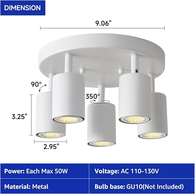 EGM Adjustable 5-Light Kitchen Spot Light Fixture, White Round Track Lighting Fixtures, GU10 Flush Mount Directional Ceiling Light for Bedroom