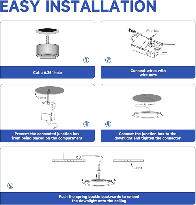 ECOELER 12 Pack 6 Inch Slim LED Recessed Lighting with Junction Box, 5000K Daylight, Dimmable Dimmable Can-Killer Downlight, 12W 1100Lm High Brightness Wafer Lights, ETL & FCC Listed