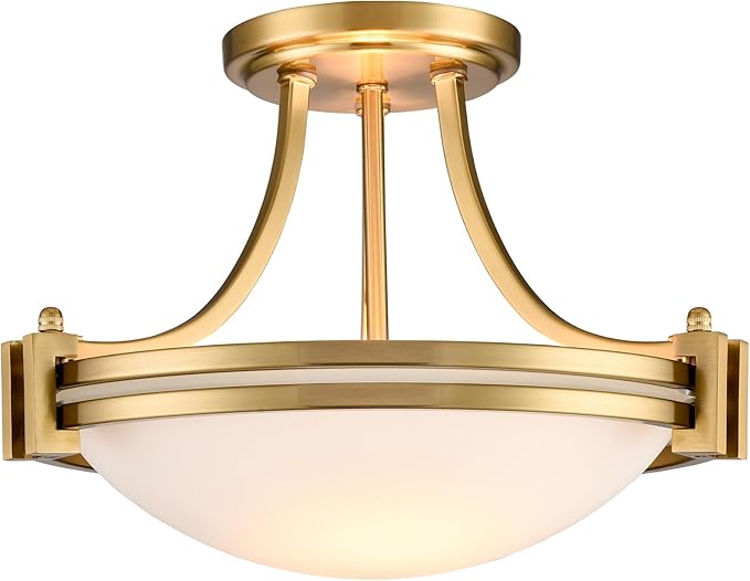 12-Inch Brass Semi Flush Mount Ceiling Light Milk Glass Light Fixture Mid Century 2-Light Gold Glass Ceiling Light for Hallway Bedroom Foyer