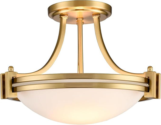 12-Inch Brass Semi Flush Mount Ceiling Light Milk Glass Light Fixture Mid Century 2-Light Gold Glass Ceiling Light for Hallway Bedroom Foyer