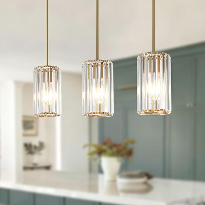 3 Pack Gold Modern Crystal Pendant Lights Hanging Light Fixtures, Gold Kitchen Island Pendant Lighting Fixtures Adjustable Modern Crystal Pendant Lights for Island Dining Room Hallway Bedroom