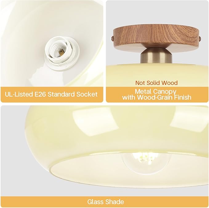 Mid Century Modern Schoolhouse Semi Flush Mount Ceiling Light, Cream Glass Lamp with Wood Grain Metal Base, Rustic Farmhouse Lighting Fixture for Bedroom, Hallway, Dining, Living, Entryway