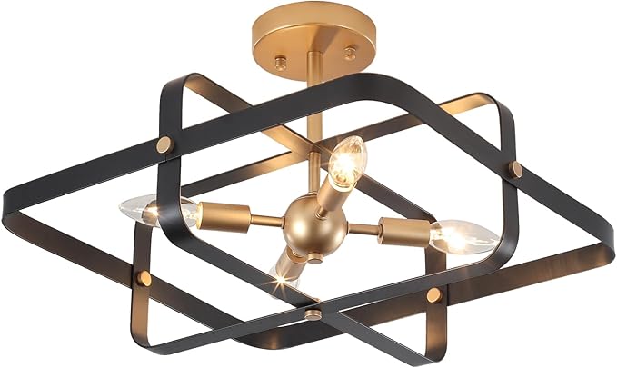 4-Lights Modern Semi Flush Mount Ceiling Light, Black and Gold Ceiling Light Fixture, Metal Industrial Geometric Chandelier Ceiling Lamp for Kitchen Bedroom Hallway Entryway Foyer Closet