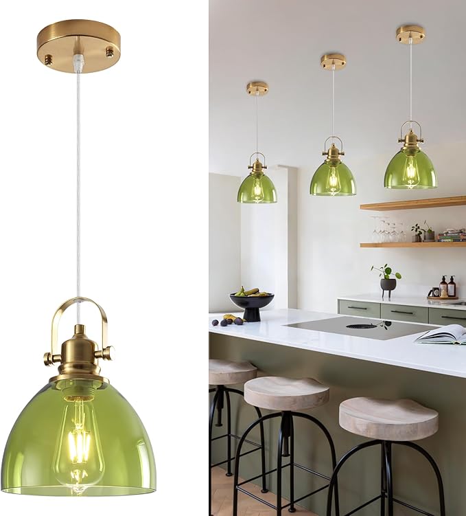 Glass Pendant Lights Kitchen Island, 7.5 inch Green Glass Pendant Lights, Vintage Pendant Lighting 1-Pack,Farmhouse Kitchen Island Lights for Kitchen, Bedroom, Living Room, Bathroom