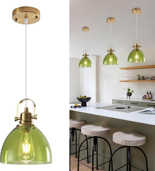 Glass Pendant Lights Kitchen Island, 7.5 inch Green Glass Pendant Lights, Vintage Pendant Lighting 1-Pack,Farmhouse Kitchen Island Lights for Kitchen, Bedroom, Living Room, Bathroom