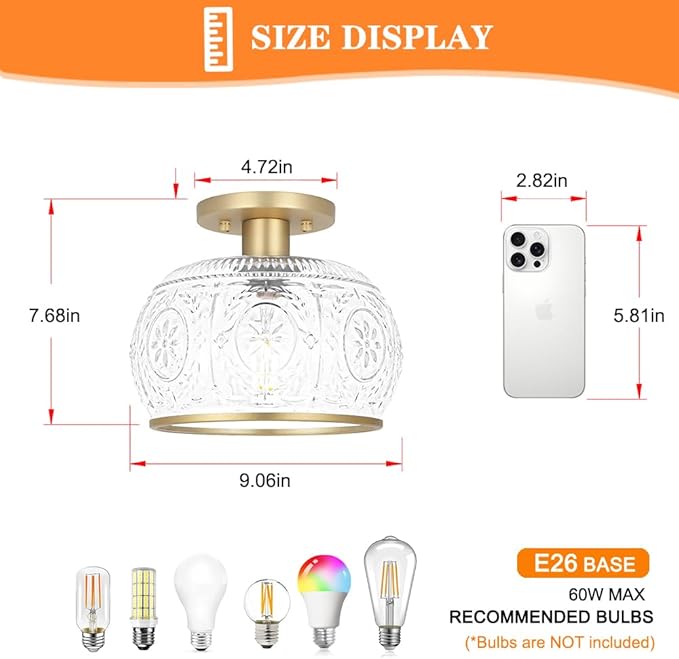 Gold Semi-Flush Mount Ceiling Light with Globe Glass – Vintage Ceiling Lighting for Hallway, Kitchen, Entryway, Bathroom & Closet