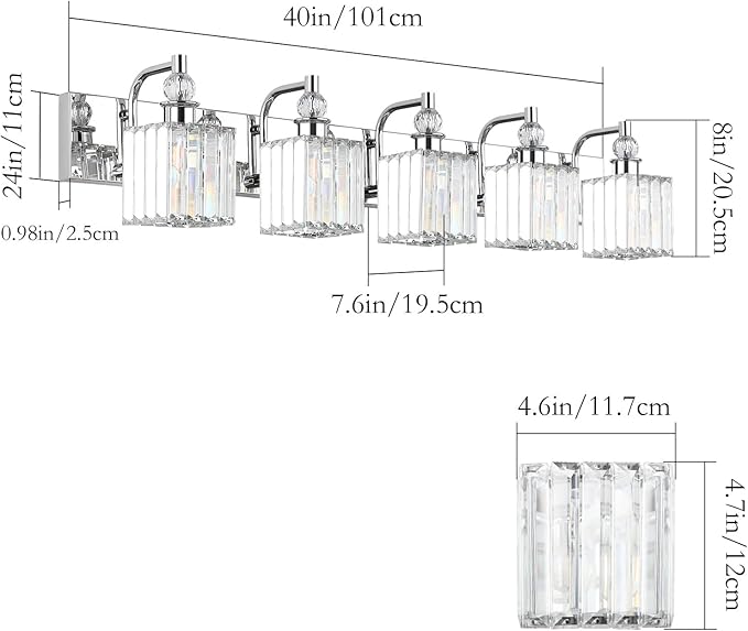 Ralbay Modern Crystal Bathroom Vanity Light 5 Light 40''Chrome Vanity Lighting Over Mirror Bathroom Wall Lighting Fixtures