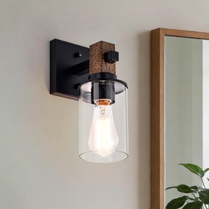 Rustic Wall Sconces,Hardwired 1-Light Brown Wood Farmhouse Sconce with Clear Glass Cylinder Shade,Matte Black Metal Wall Light,E26 Indoor Bathroom Vanity Fixture for Mirror,Bedroom,Hallway