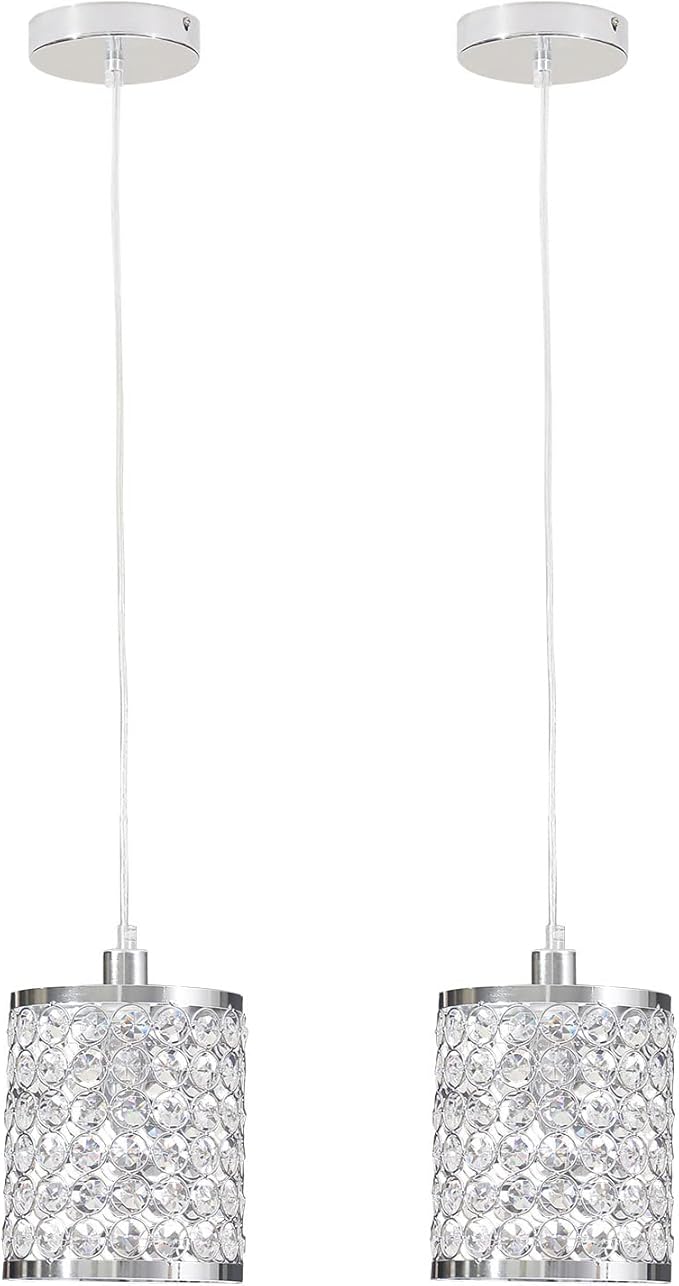 TFCFL 2 Pack Crystal Pendant Light, Modern Metal Ceiling Hanging Light Fixture with Adjustable Long Cord Chrome Finish for Kitchen Dining Room Bedroom