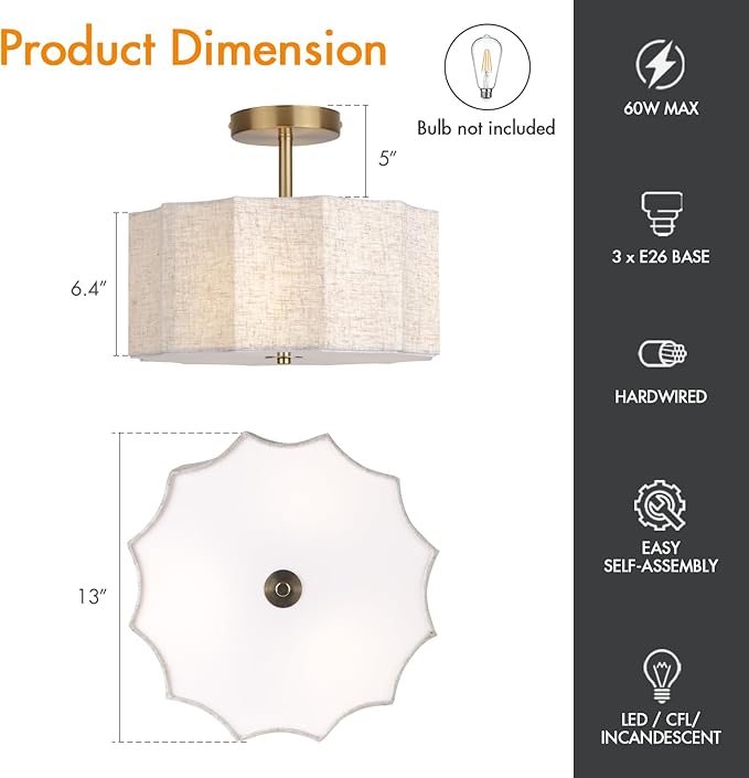 13 Inch Modern Linen Petal Ceiling Light Fixture, Semi Flush Mount Drum Light for Bedroom Kitchen Dining Room Entryway, Fabric Lighting Lamp in Gold for Farmhouse Hallway Closet