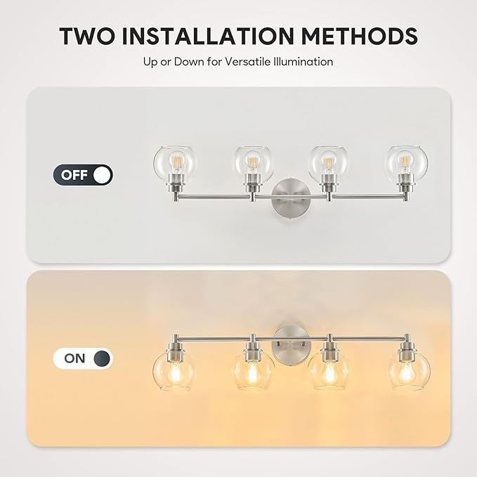 VONLUCE Bathroom Light Fixtures, 4-Light Vanity Light with Globe Glass Shades E26 Sockets, Bathroom Lights Over Mirror for Bedroom Hallway Living Room, Brushed Nickel Finish, ETL Certificated