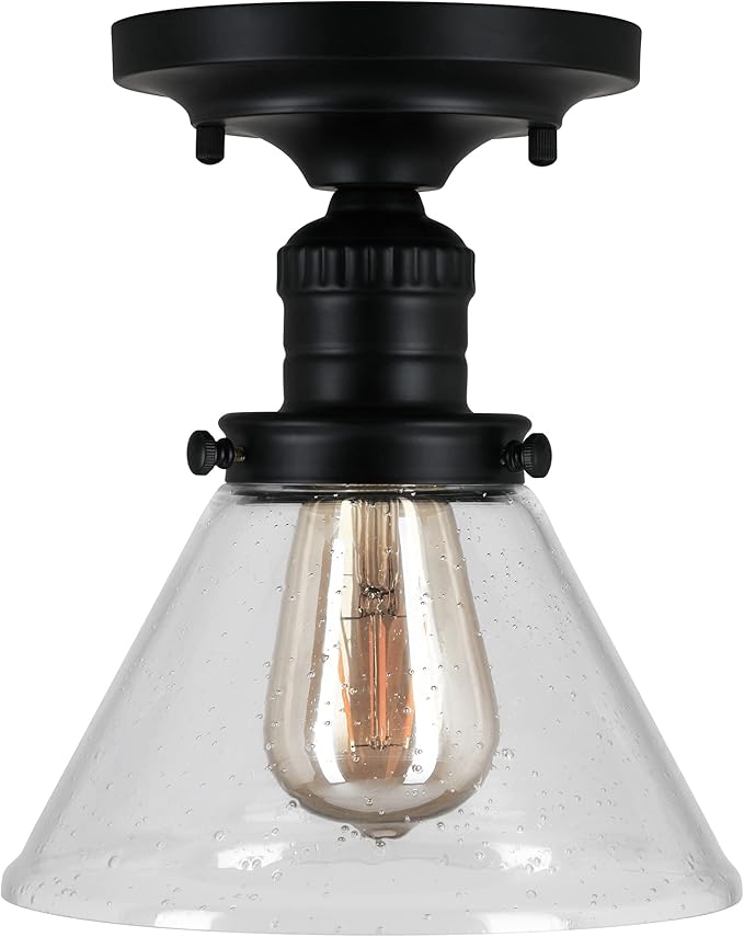 Design House Augustin Ceiling Light, 1-Light, Semi-Flush, Seeded Glass Glow, Dimmable, E26 Socket, Durable Metal Frame, Black, 7.9 in L x x 7.9 in W x 9.1 in H, 589069-BLK