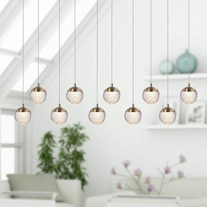 contec development Galaxy 10 Mini Pendant Crystall Ball Lighting Brass - LED Hanging Light Fixture: Kitchen Island, Bar, Foyer - Cluster Pendants - Dimmable, Adjustable Wire, Lamp Bulb Included