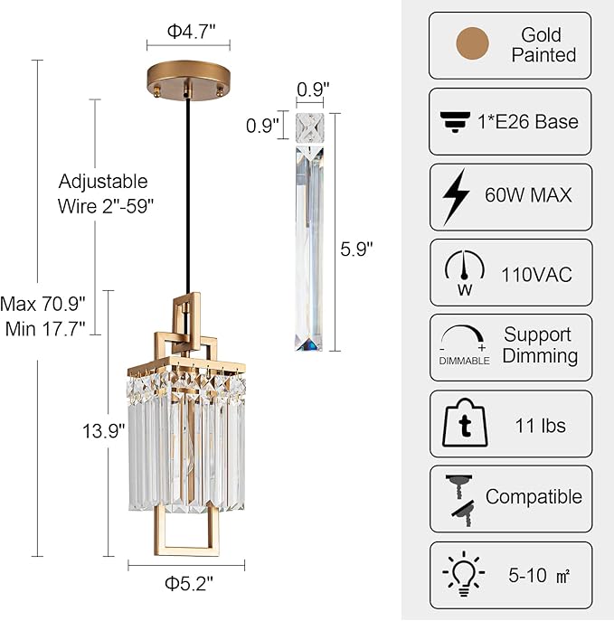 Modern Gold Pendant Light Fixtures for Kitchen Island and Dining Room, Industrial Small Hanging Crystal Chandelier Light Fixture for Bedroom Entryway Living Room Foyer Hallway 1-Pack