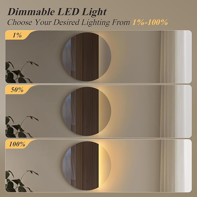 ONEWISH LED Wall Sconce, Dimmable Mirror Wall Lamp,16.93 inch Round Wall Lights for Bedroom with Memory Function, Wall Lamps for Living Room Entryway, Smoky Gray