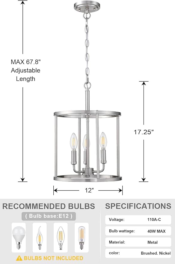 Doraimi Lighting 3-Light Hanging Lantern Pendant Light Fixture Brushed Nickel Finish Geometric Chandelier Adjustable Chain Metal Cage Pendant Lighting for Kitchen Island Dining Room Foyer