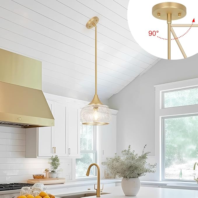 Gold Pendant Light - Modern Pendant Lights Kitchen Island with Handblown Glass, Vintage Hanging Light for Kitchen with Adjustable Height, Lithging Fixture for Dining Room Sink